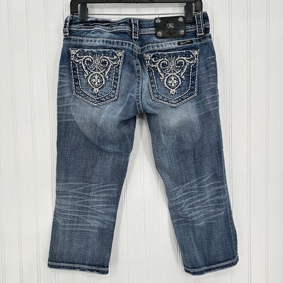 Miss Me Jeans 29 Capri Embroidery Rhinestones Distress Denim Y2K Western *Flaw - Picture 2 of 11